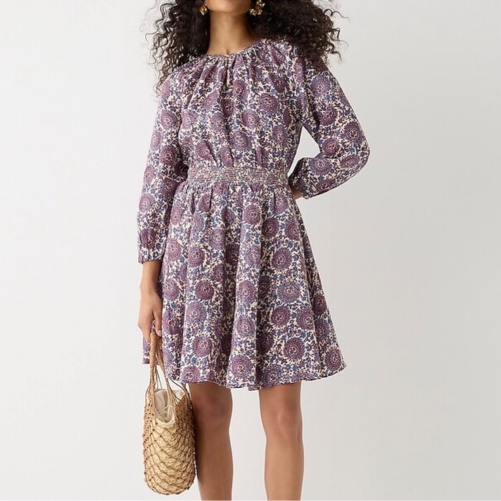 J.Crew Palermo Smocked-waist Linen Dress in Floral Paisley Bouquet Size XXS EUC